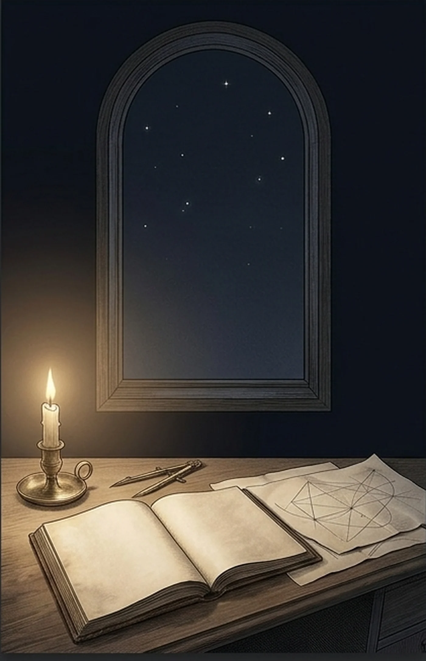 촛불 켜진 책상과 창밖의 별